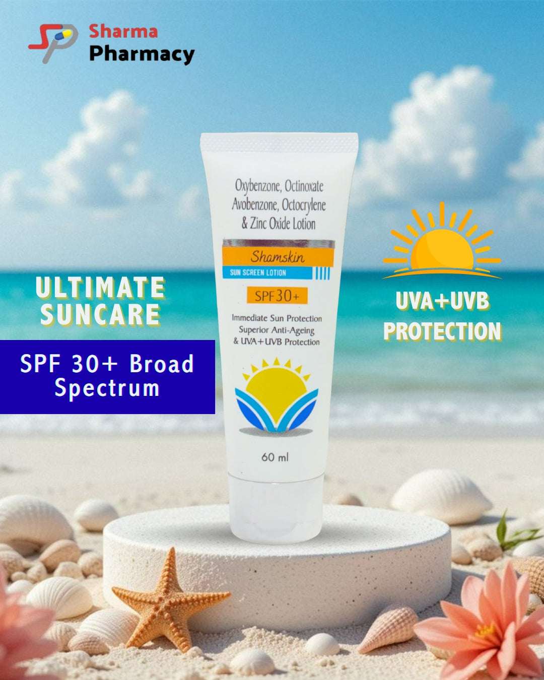 Shamskin Sunscreen Lotion SPF 30+ | Broad Spectrum UVA + UVB Protection (60ml
